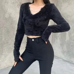 Crop Top Noir En Velour – Douce