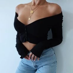 REV-V – Crop Top Manches Longues Avec Col V Profond -Style Urbain Soldes HTB1I51QaqWs3KVjSZFxq6yWUXXa7