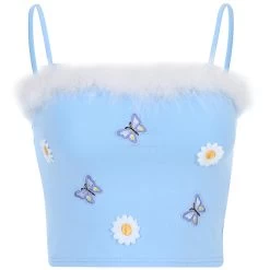 Crop Top à Fourrure – Papillons Bleus -Style Urbain Soldes crop top a fourrure papillons