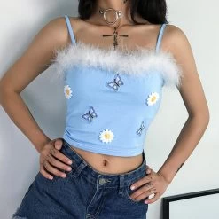 Crop Top à Fourrure – Papillons Bleus